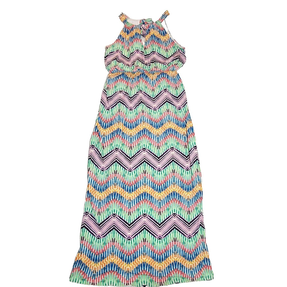 Emma & Michele Geometric Maxi Dress Sleeveless Tie Neck Multicolor Large 27459